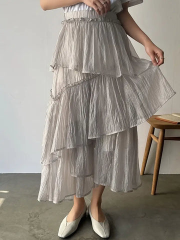 Mid-Length Layered Ruffle Skirt with Irregular Hem