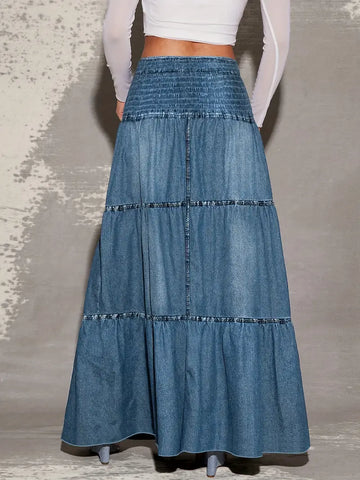Bohemian A-Line Layered Denim Skirt