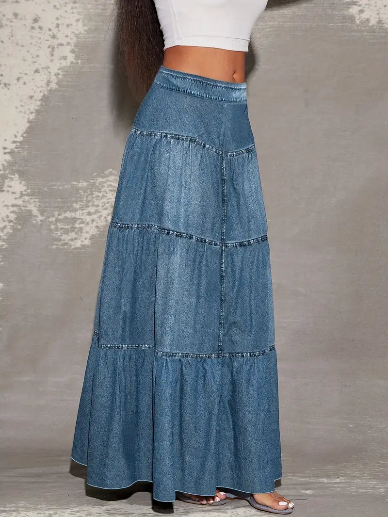 Bohemian A-Line Layered Denim Skirt