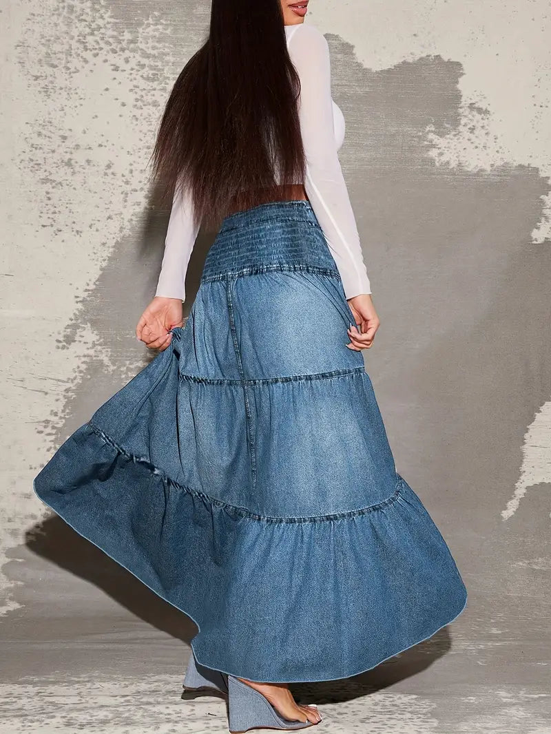Bohemian A-Line Layered Denim Skirt