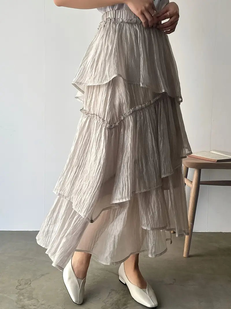 Mid-Length Layered Ruffle Skirt with Irregular Hem