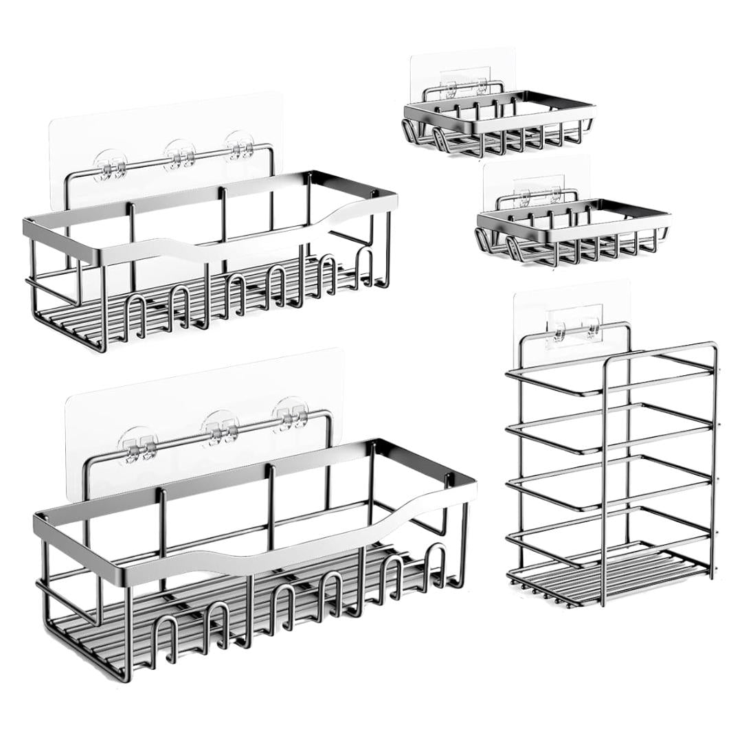 Organizer Set With Five Stainless Steel Caddies for Bathroom and Kitchen