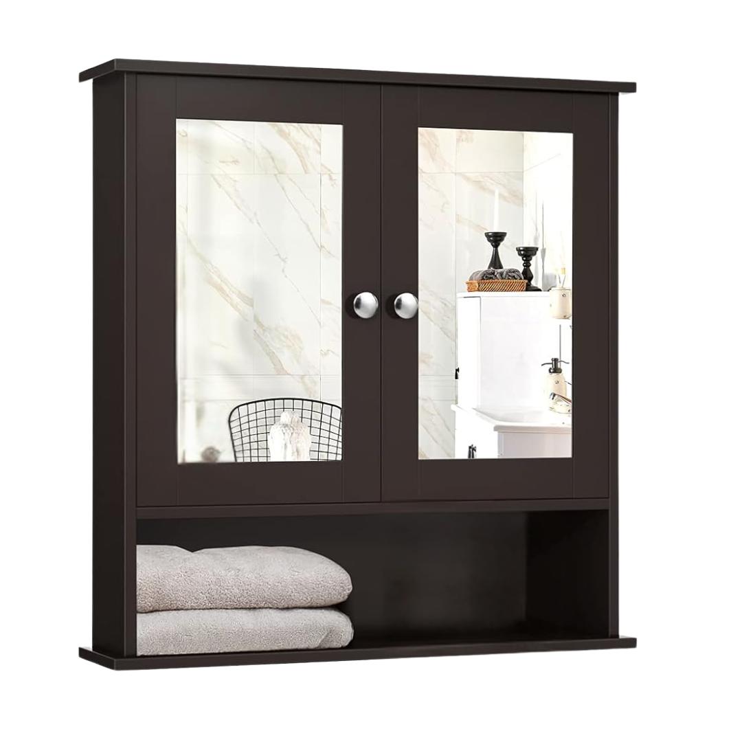 Wall Cabinet With Mirror Doors and Adjustable Interior Shelf